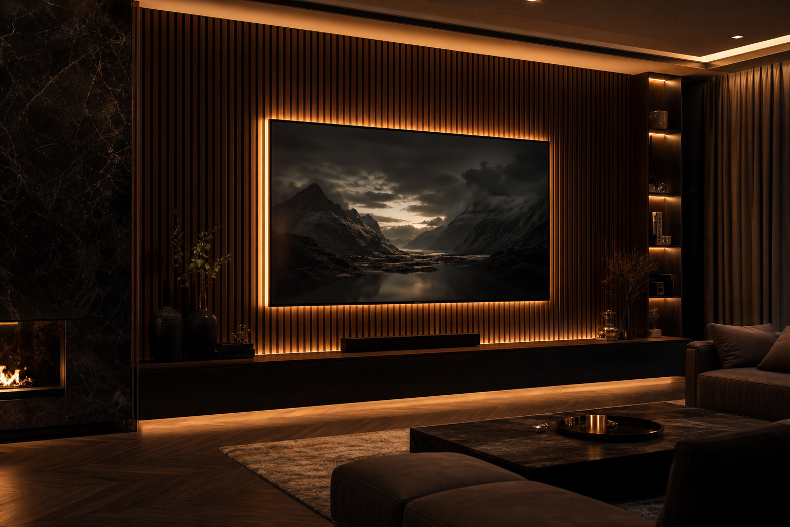 Modern slat wall media wall with ambient TV glow lighting